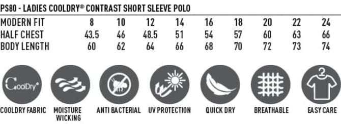 Ladies' Cooldry S/S Contrast Interlock Polo in various sizes, featuring a modern fit, moisture-wicking, and easy-care design.