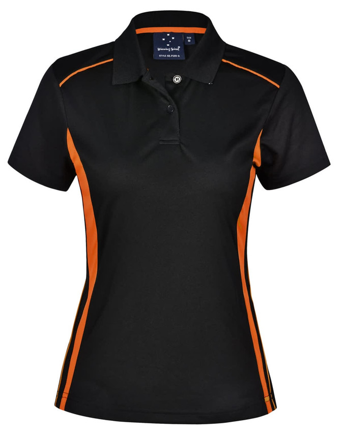 A black polo shirt with orange contrast detailing, featuring a collar and short sleeves. It has a logo on the chest.