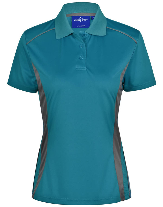 Ladies' polo shirt in teal with contrasting grey side panels and a collar. Features a logo on the chest.
