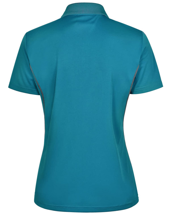A teal ladies' polo shirt with short sleeves, featuring a contrasting trim and a logo.