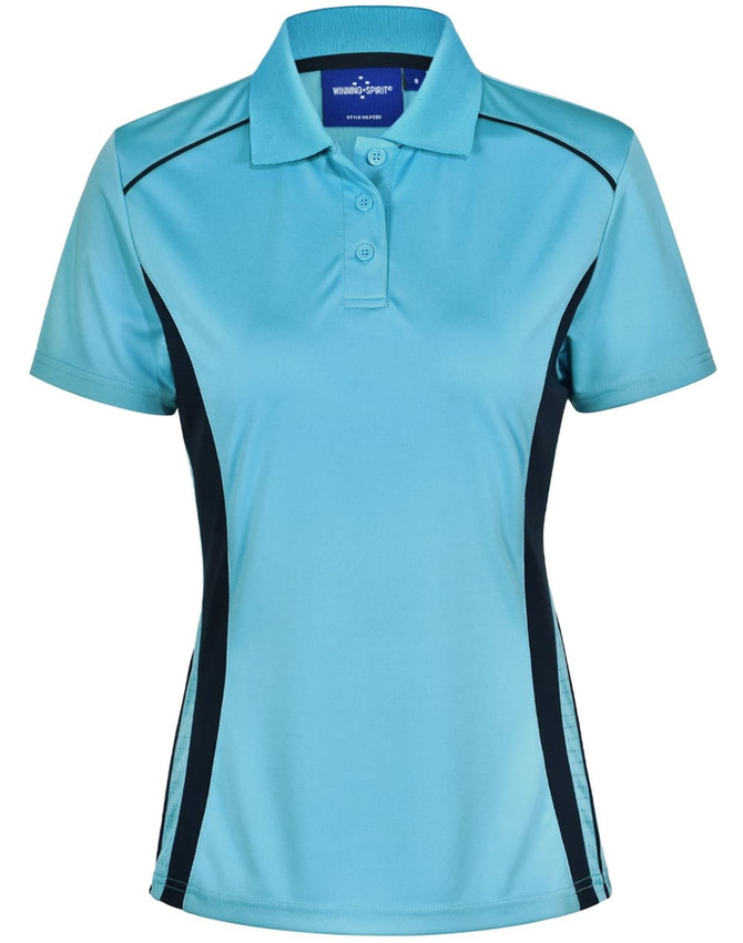 A light blue ladies' polo shirt featuring contrast black side panels and a logo on the collar.