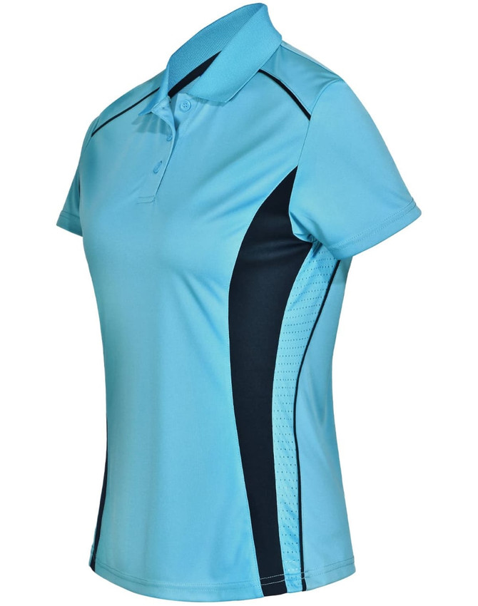A blue and navy women's polo shirt featuring contrast panels and a logo. Short-sleeved design with a collar.