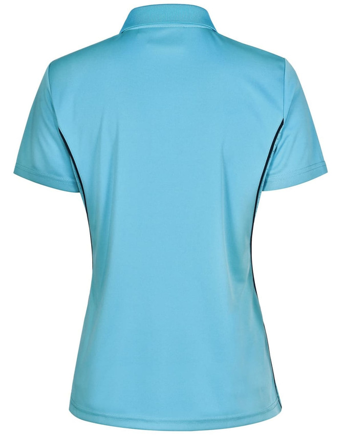 A women's light blue polo shirt featuring short sleeves and contrast detailing, with a logo on the front.