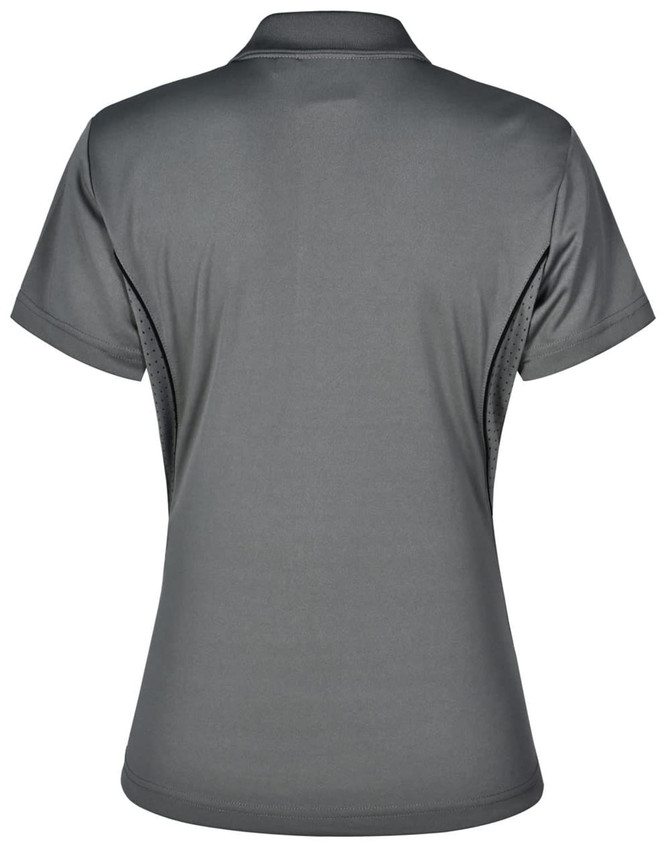 A grey polo shirt featuring short sleeves and a contrasting design at the sides, with a logo present.