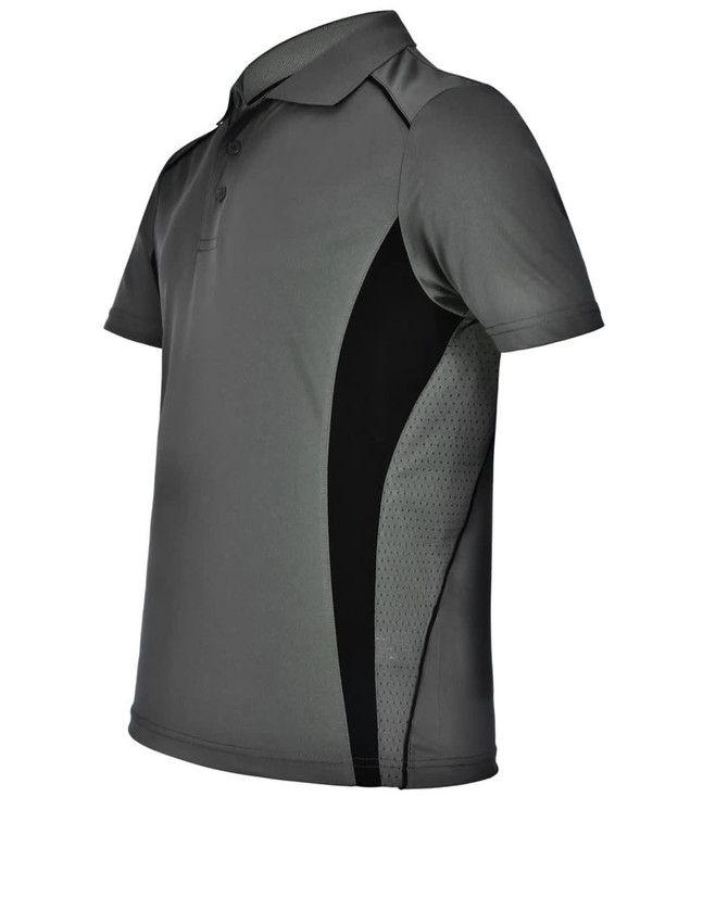 A grey polo shirt with black contrast panels, featuring a classic collar and short sleeves, with a logo on one side.