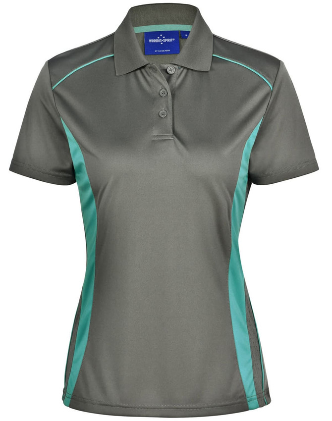 A grey polo shirt featuring teal contrast panels and a collar, with a logo on the chest.