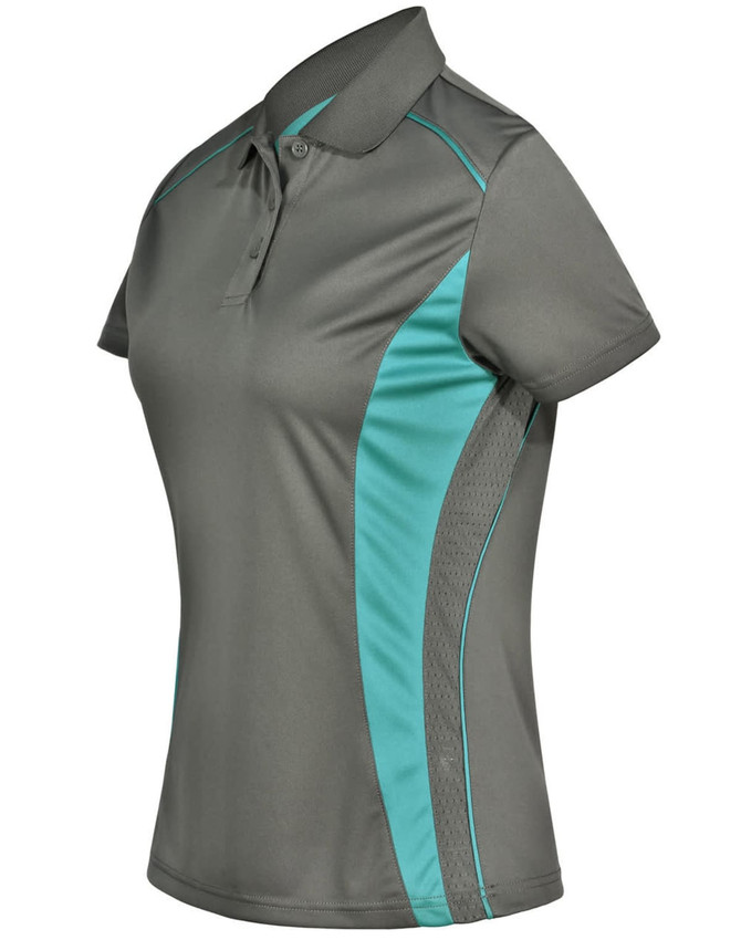 A ladies' short-sleeve polo shirt in dark grey with teal contrast accents and a logo on the chest.
