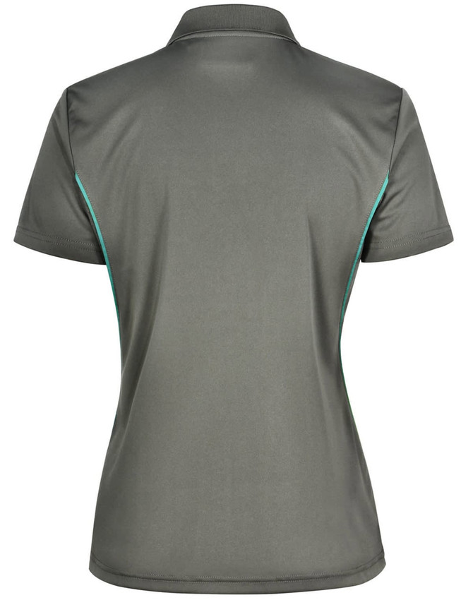A grey ladies' polo shirt featuring contrast detailing on the sides and a collar. Designed with a logo.