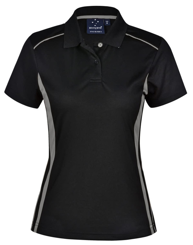 A black ladies' polo shirt with contrast detailing and a collar, featuring a logo on the chest.