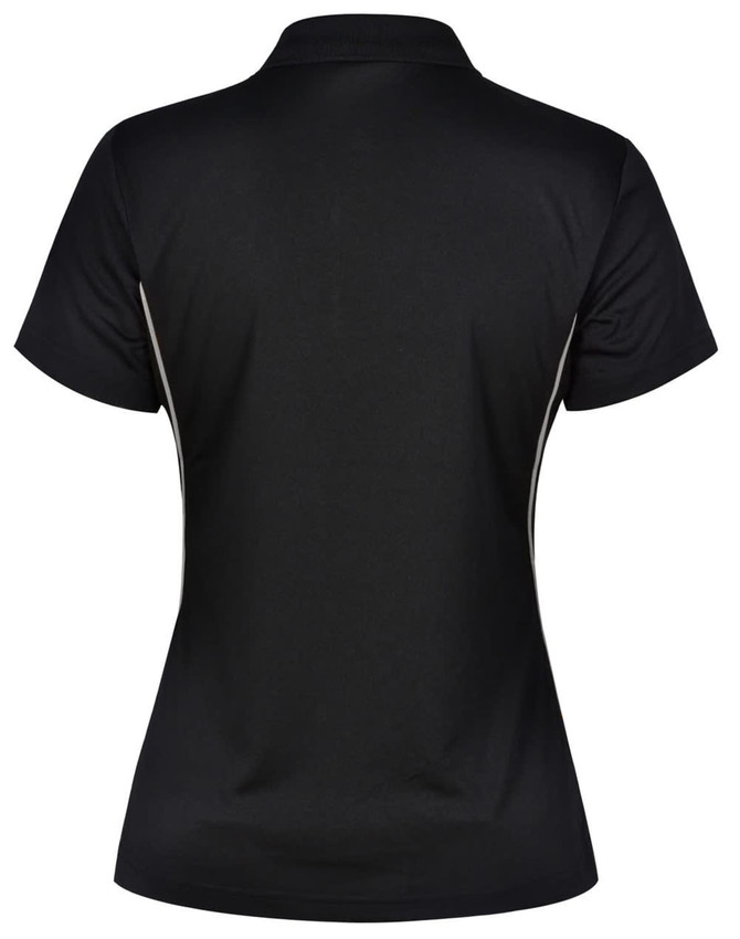 A black ladies' polo shirt featuring contrast detailing and a logo on the back.