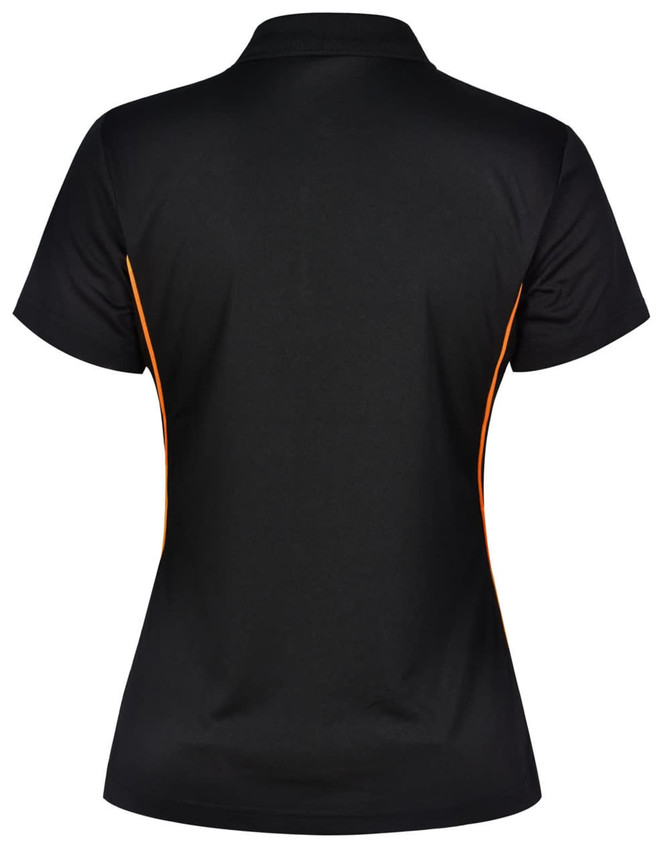 A black polo shirt with orange contrast detailing and a logo on the back.