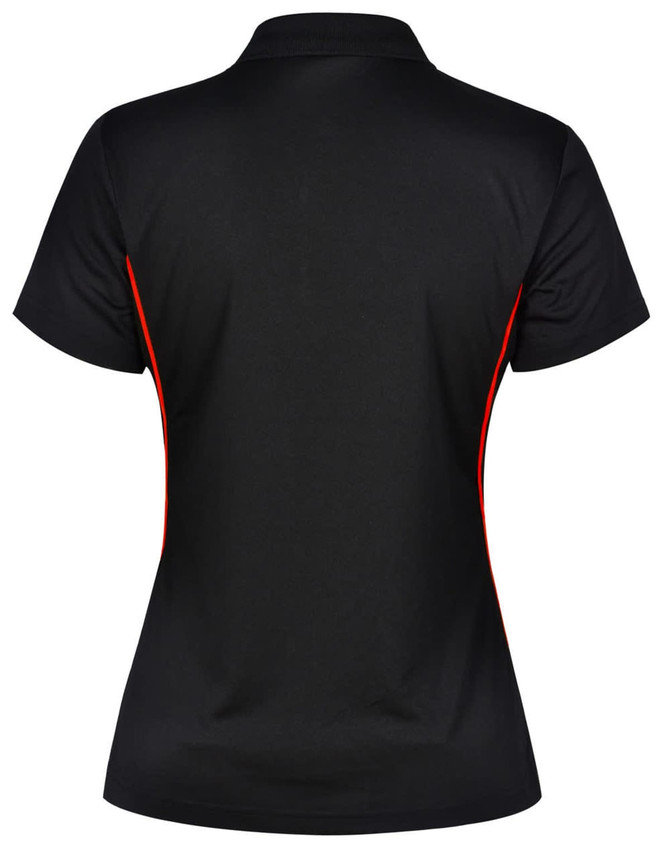 A black polo shirt with contrasting red side panels and a collar. It includes a logo on the garment.