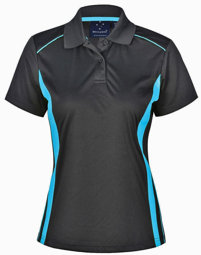 A black women's polo shirt with turquoise contrast panels and a collar. It has a logo on the inside tag.