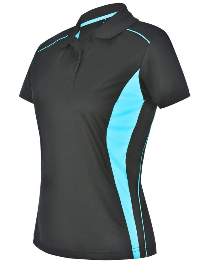 Ladies' black polo shirt featuring contrast turquoise accents and a logo. Short-sleeved and made from Cooldry fabric.