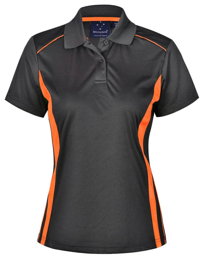 A black and orange polo shirt featuring a contrasting interlock design and a logo.