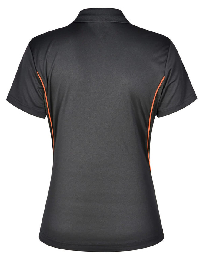 A black polo shirt with contrasting orange trim and a logo on the back.