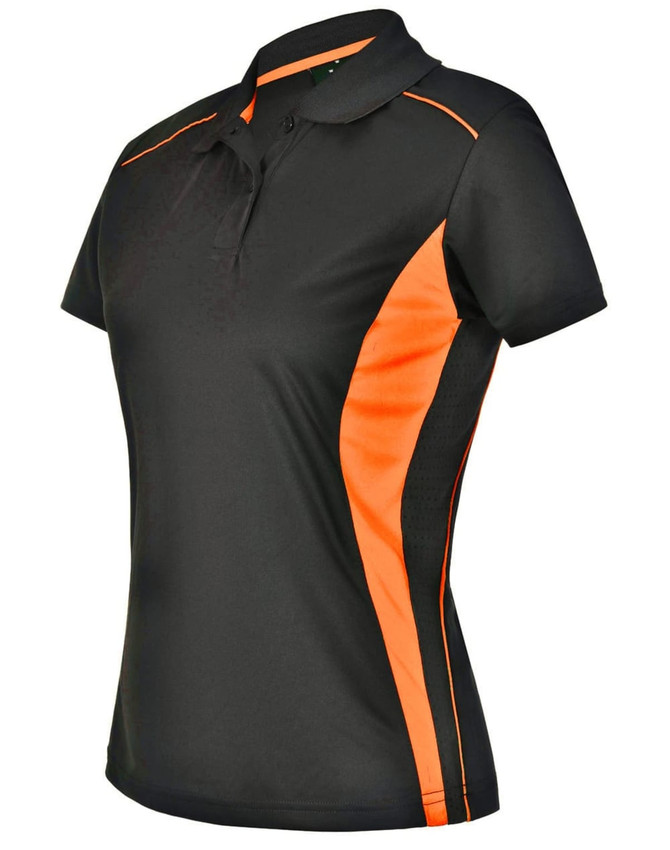 A black polo shirt with orange contrast detailing, featuring a collar and short sleeves. It has a logo on the chest.