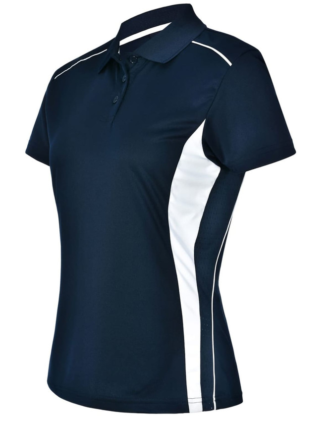 A navy blue ladies' polo shirt with white contrast panels and a logo on the chest.