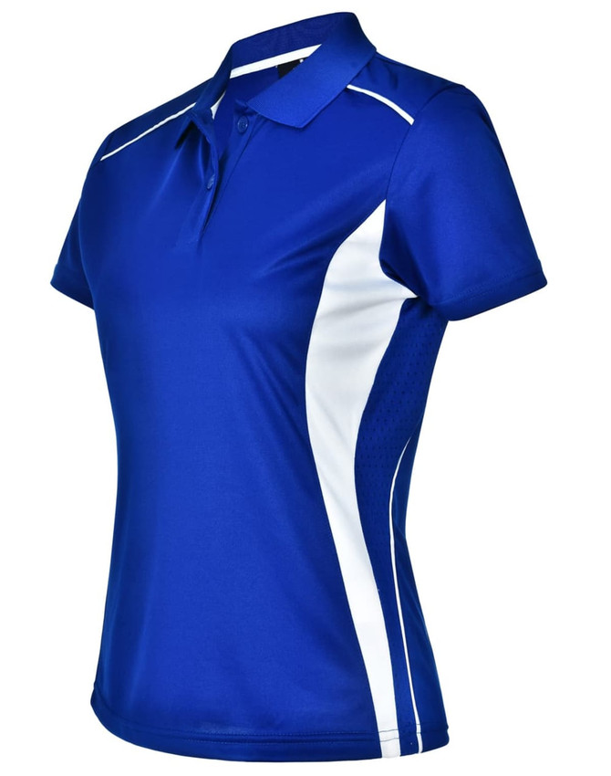 A blue and white ladies' polo shirt with contrast detailing and a collar, featuring a logo on the chest.