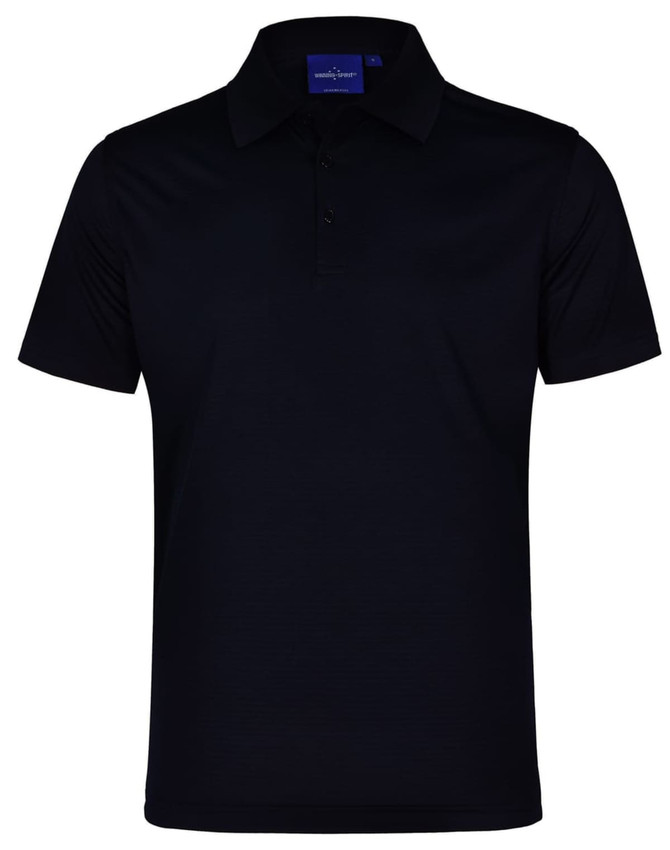 A black textured polo shirt featuring a collar and button placket, with a logo present.