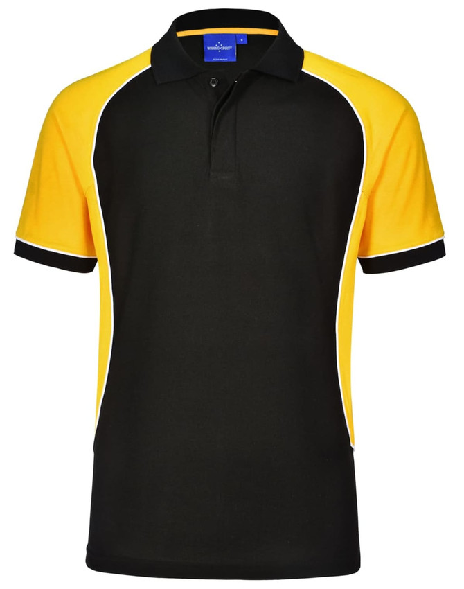 A black and yellow tri-colour short sleeve polo shirt with a contrasting design and a logo on the chest.