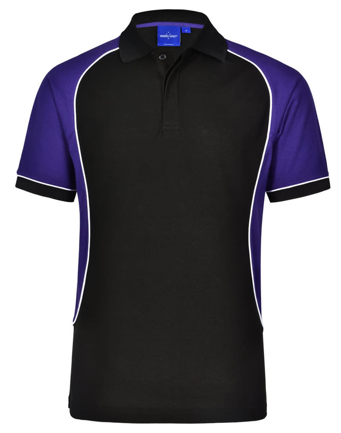 Men's TrueDry tri-colour polo shirt featuring black, purple, and white accents. Includes a logo on the chest.