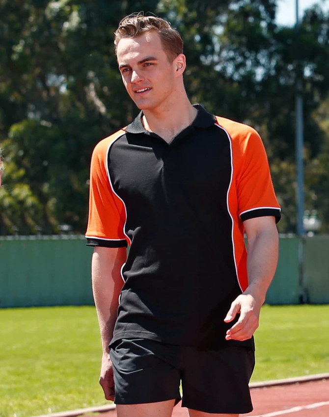 Men's TrueDry Tri-colour S/S Pique Polo in black and orange, featuring a contrasting design and a logo.