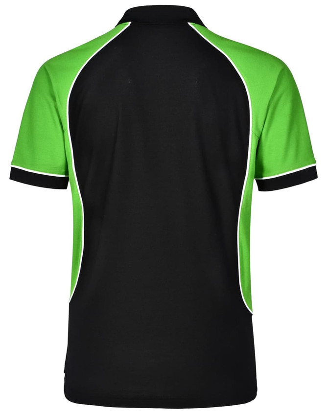 A black and green men's polo shirt with contrasting piping and a logo on the chest.