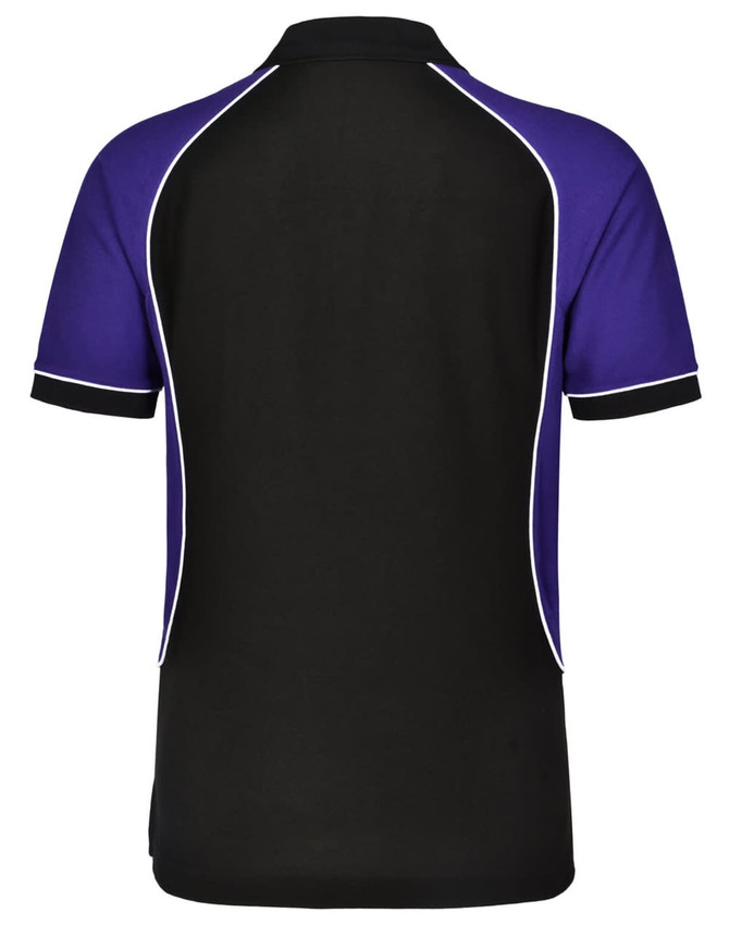 A tri-colour men's polo shirt featuring black and purple with white piping, showcasing a back view.