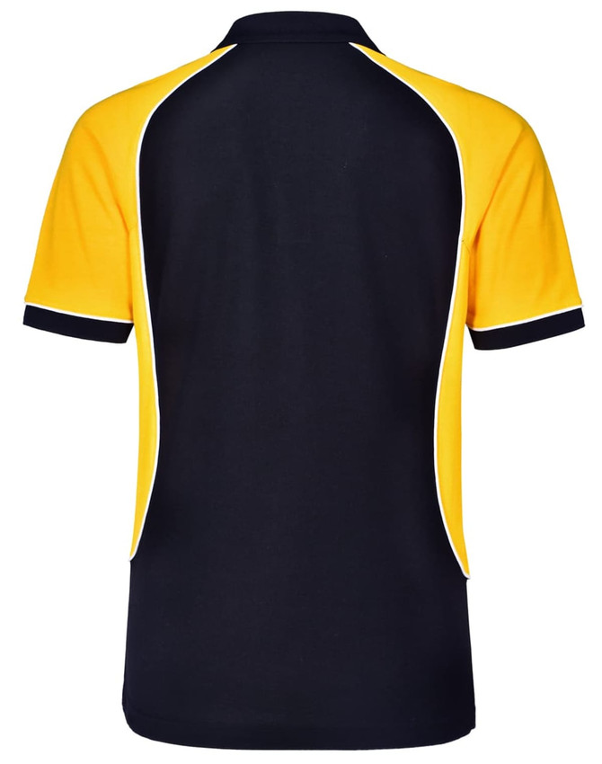 A black and yellow men's polo shirt with short sleeves and piping detail, featuring a logo on the back.