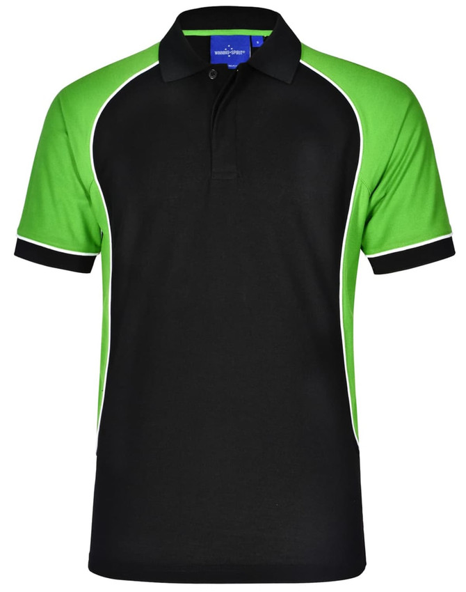 A black polo shirt with green accents and white piping, featuring a logo on the chest.
