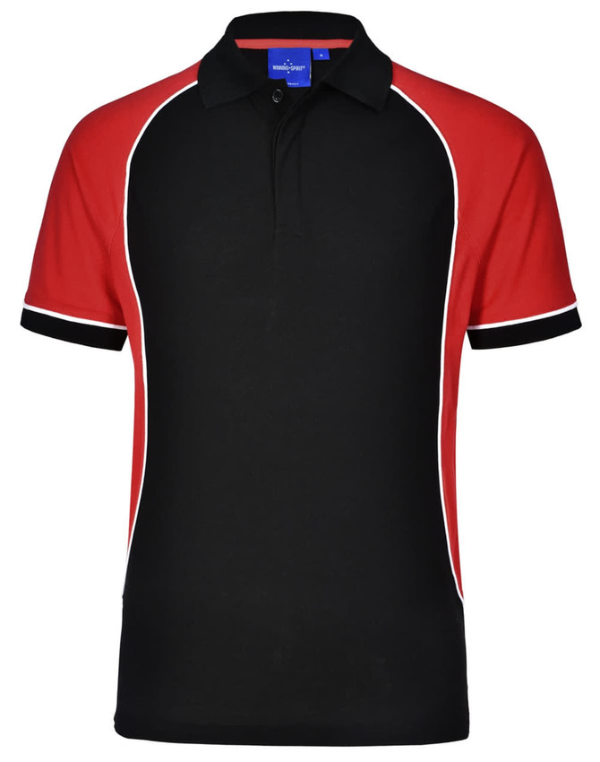 A tri-colour short-sleeve polo shirt featuring black, red, and white accents, with a collar and a logo.