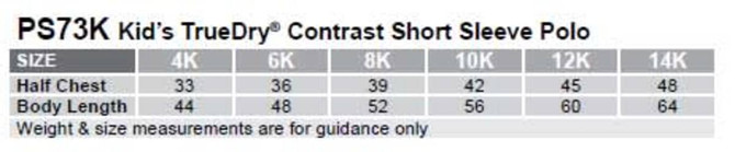 A table displaying size measurements for the Kids' TrueDry Contrast Short Sleeve Polo, including half chest and body length.