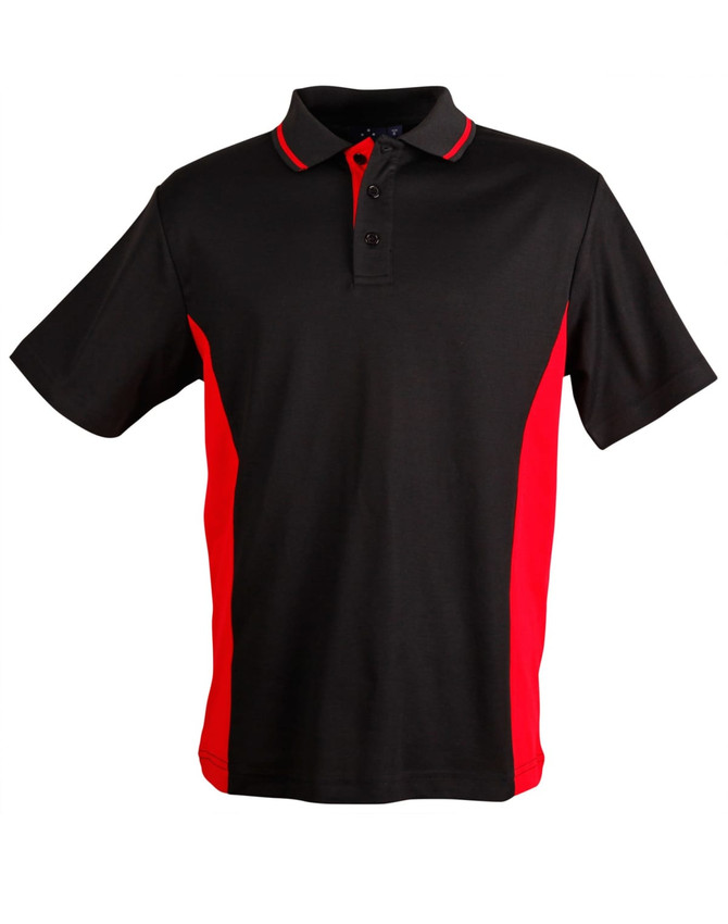 A black and red polo shirt featuring short sleeves and a three-button placket, with a logo on the chest.