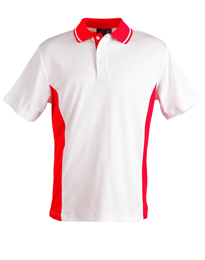 A short-sleeved polo shirt in white with red contrast panels and a collar, featuring a logo.