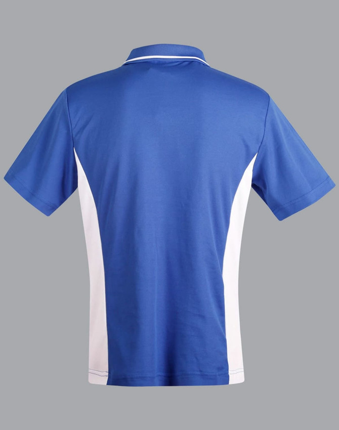 A blue and white kids' polo shirt with a contrasting design and a collar. It features a logo on the front.