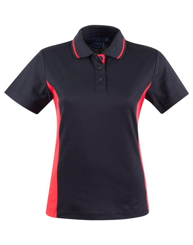 A black and red polo shirt with a classic collar and short sleeves, featuring a small logo.