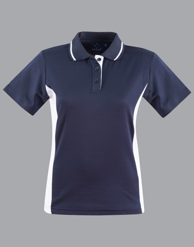 A ladies' polo shirt featuring a navy body with white contrast panels, short sleeves, and a collar.
