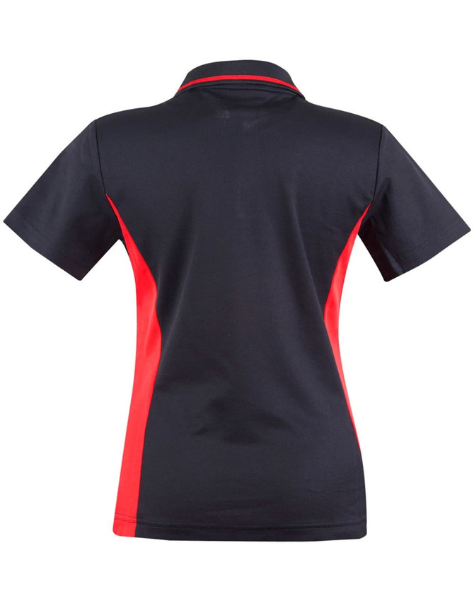 A black and red ladies' polo shirt featuring a contrast design and a collar, viewed from the back.