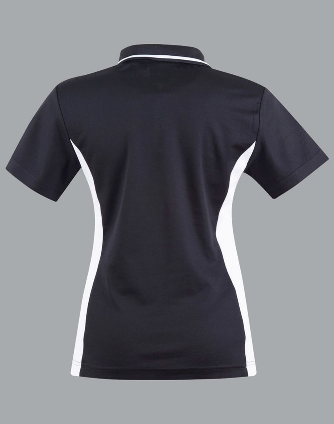 A black and white ladies' polo shirt with a contrast design and a classic collar, featuring a logo.