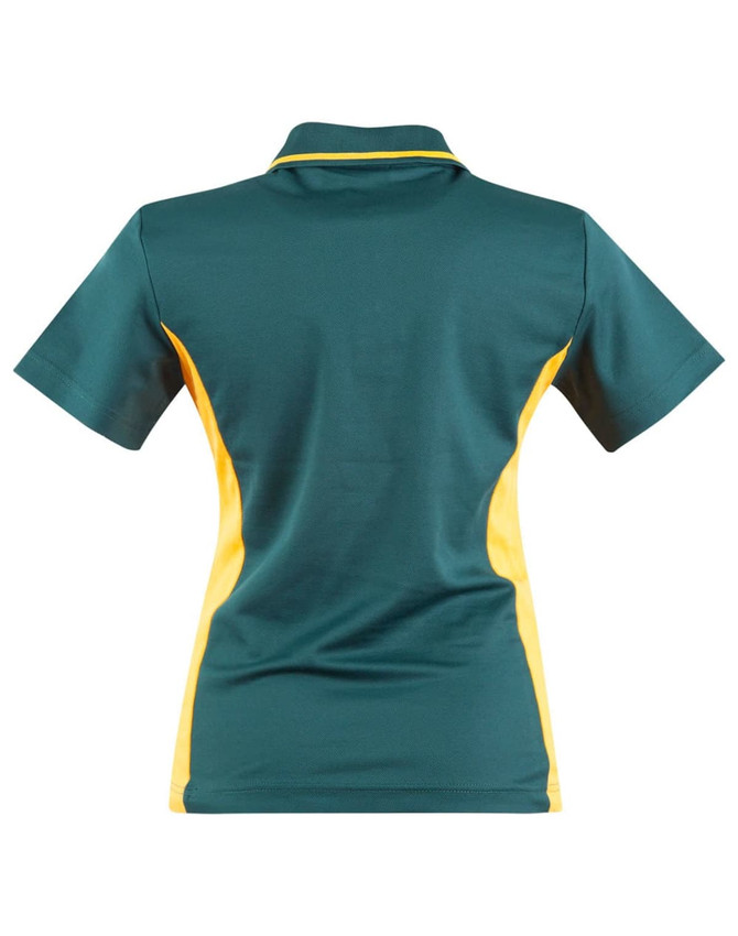 A green and yellow women's polo shirt featuring a contrasting design and a logo.