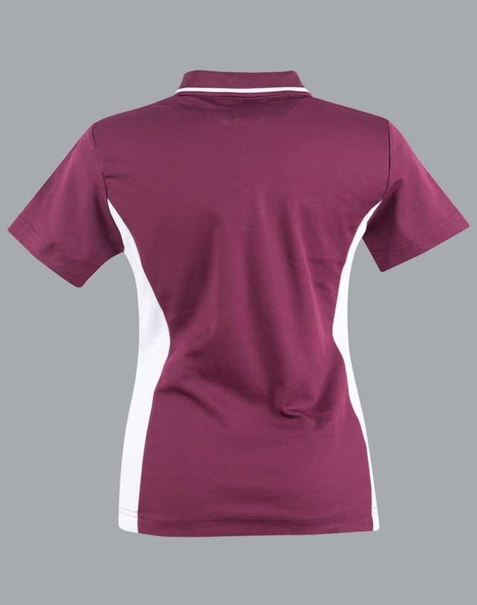 A maroon polo shirt with white contrast panels and a collar, featuring a logo on the front.
