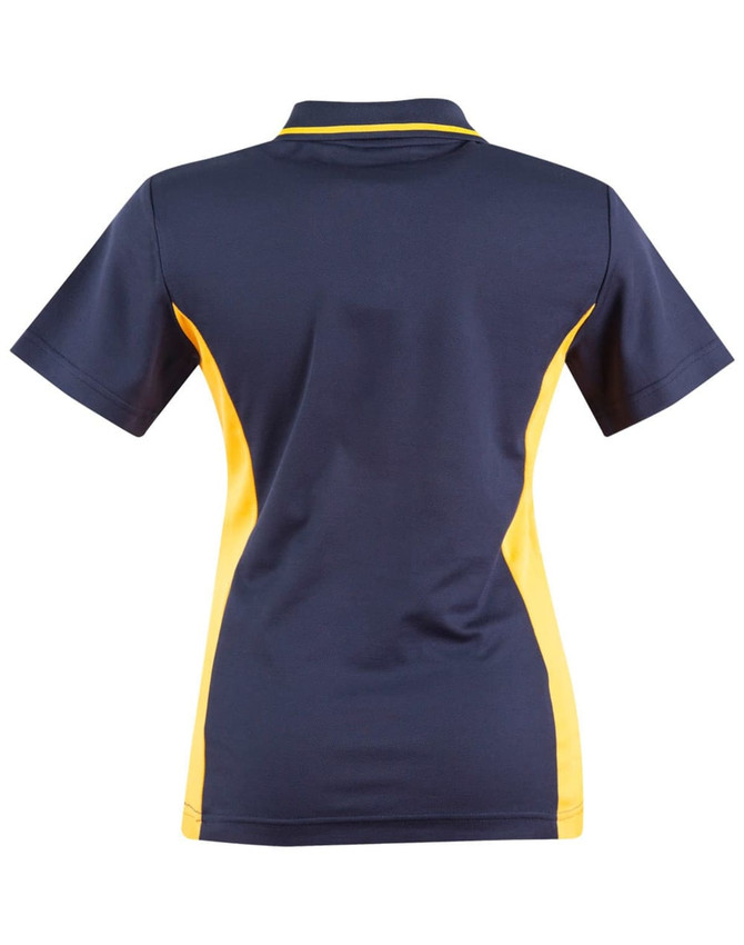 A navy blue polo shirt with yellow contrast detailing on the sides and a collar. Features a logo on the front.