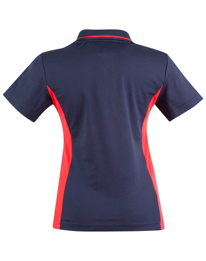 A navy polo shirt with red contrast detailing on the sides, featuring a collar and short sleeves. It has a logo on it.