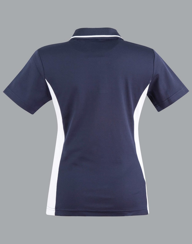 A navy blue polo shirt with white contrast panels, featuring a collar and short sleeves, and includes a logo.