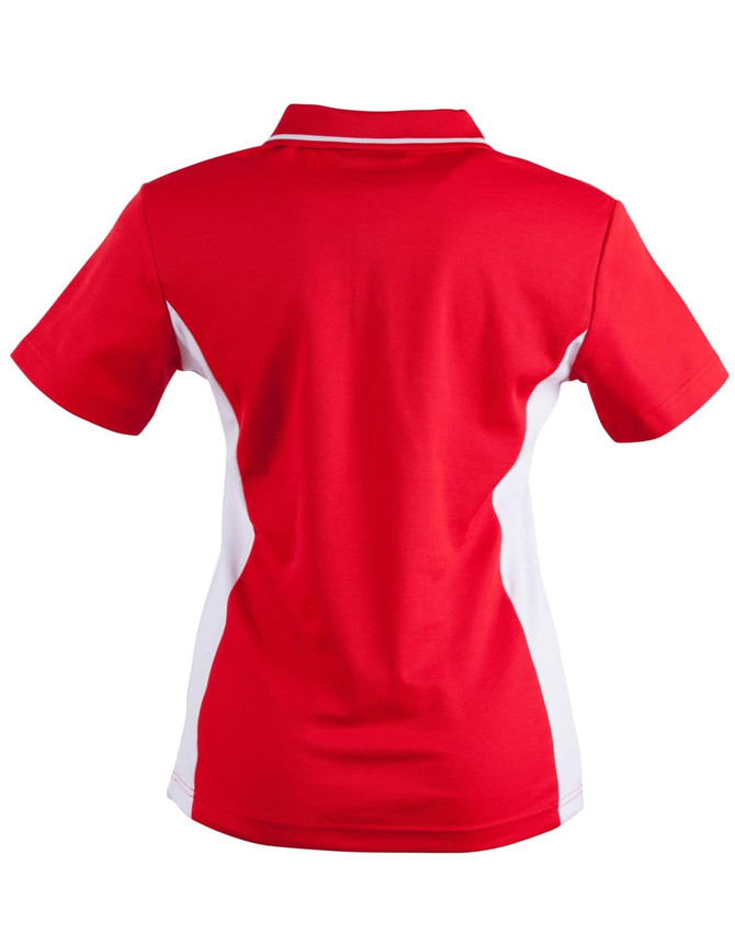 A red and white ladies' polo shirt with a contrast design, featuring a logo on the front.