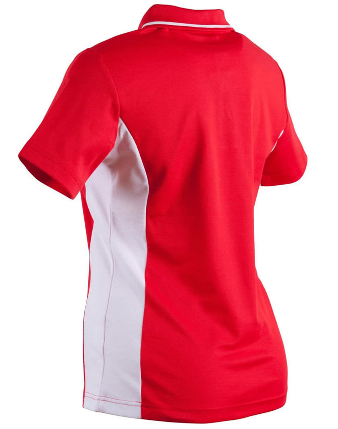 A red and white polo shirt with short sleeves, featuring a branding logo.
