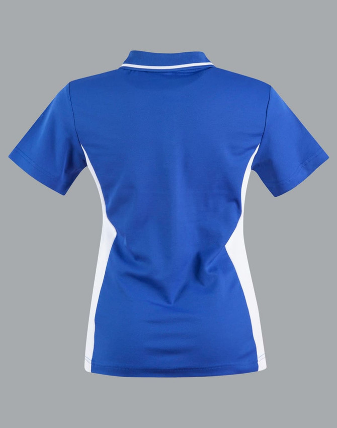 A blue and white contrast polo shirt featuring a logo, designed for women.
