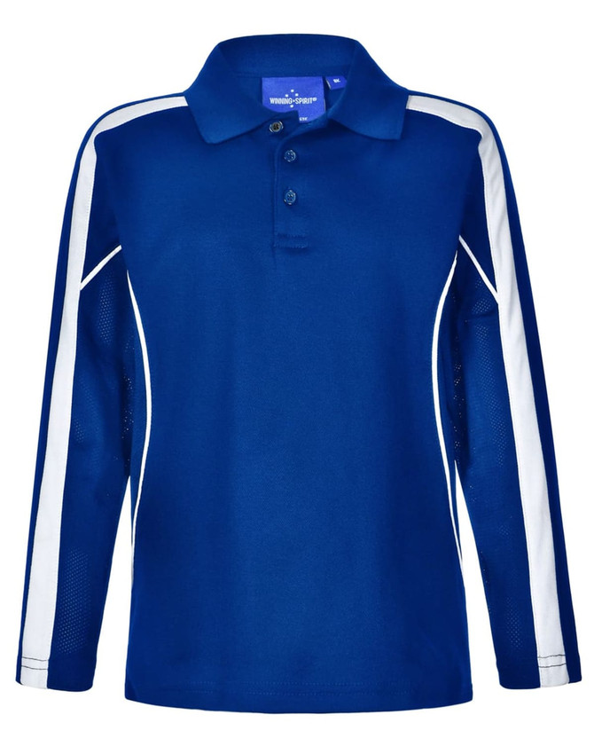A long sleeve polo shirt in navy blue with white side panels and a collar. It features a branding logo.