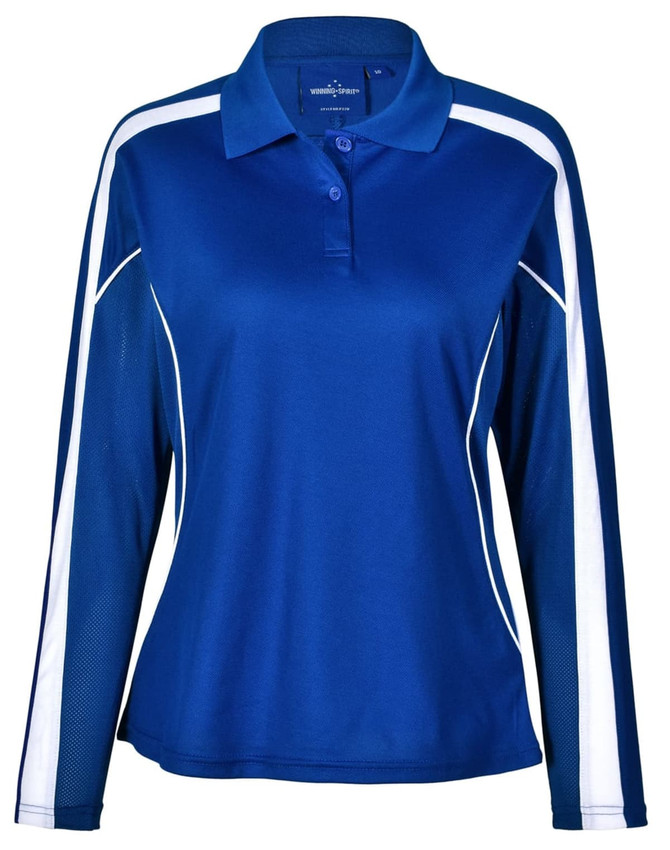 A long sleeve polo shirt in royal blue with white stripes and a collar, featuring a logo.